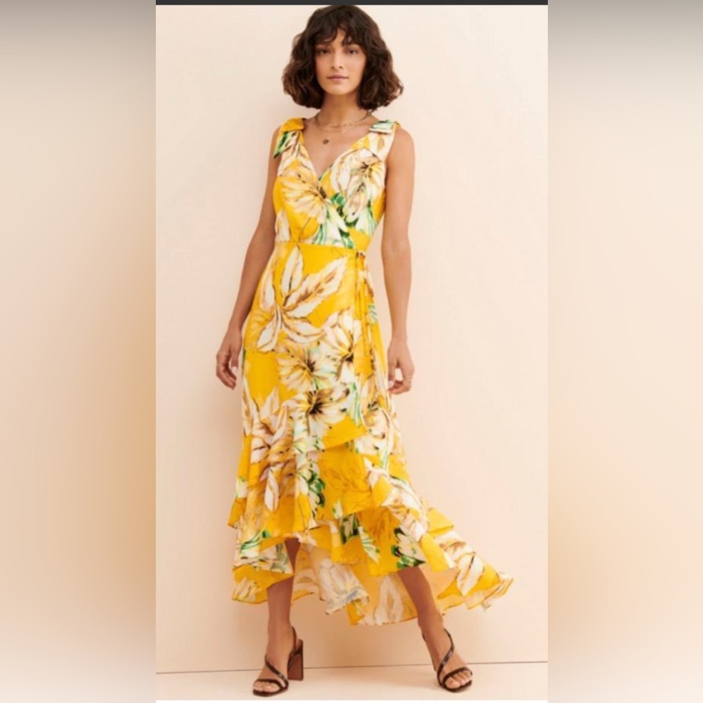 Adelyn Rae Yellow Tropical Floral High Low Wrap Dress